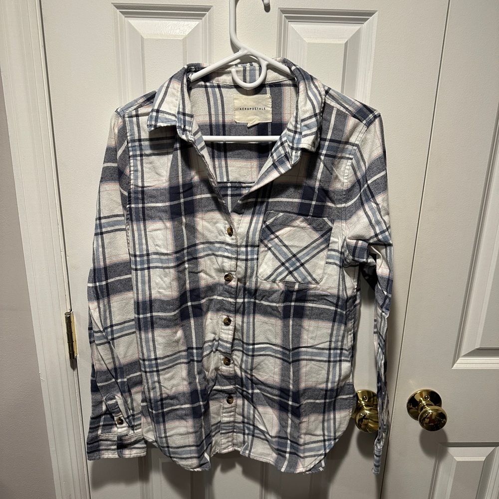 Aeropostale Navy and Cream Plaid Shirt